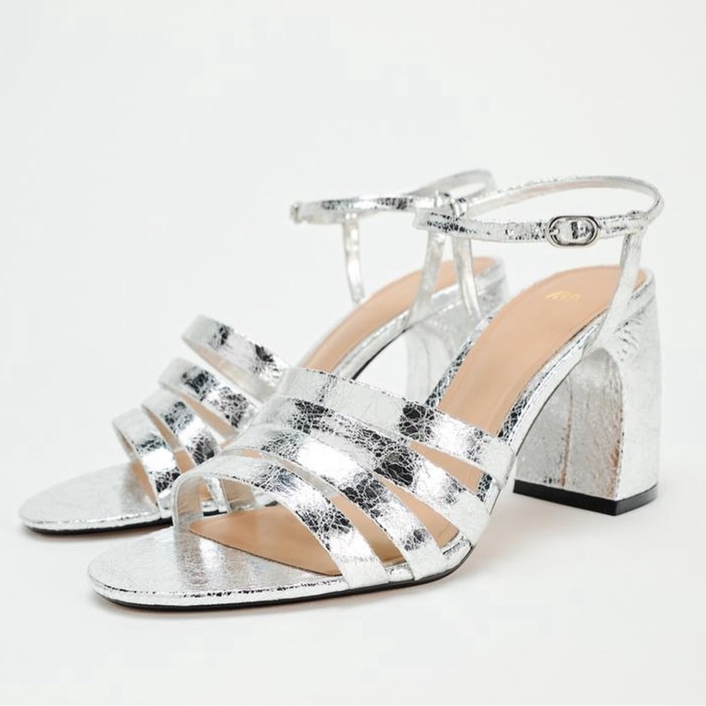 Zara Heeled Metallic Sandals Silver